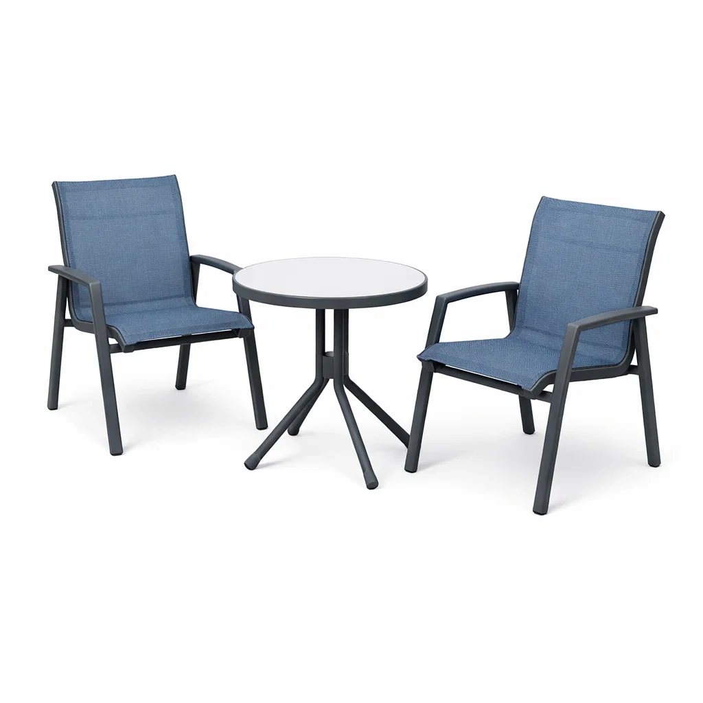 Kompakte Gartensitzgruppe Gartenset Bistrotisch Glasplatte 2 Stühle Aluminium Textilene Blau-Furnific
