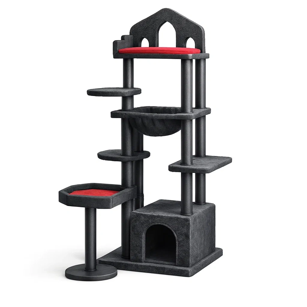 Kratzbaum aus Spanplatte mit Polyesterbezug Schwarz/Rot hoch-Furnific