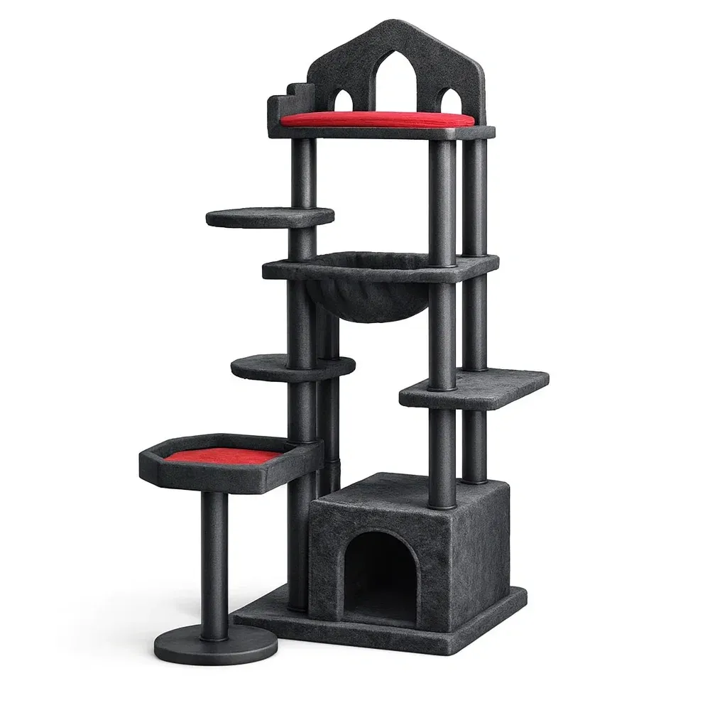 Kratzbaum aus Spanplatte mit Polyesterbezug Schwarz/Rot hoch-Furnific