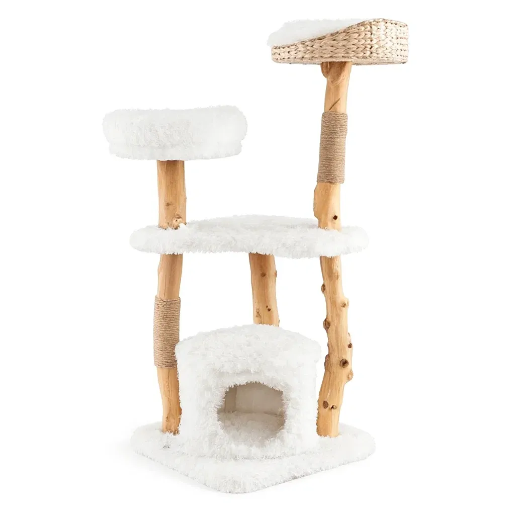 Kratzbaum Naturholz Weiß mit Sisal und Plüsch-Furnific