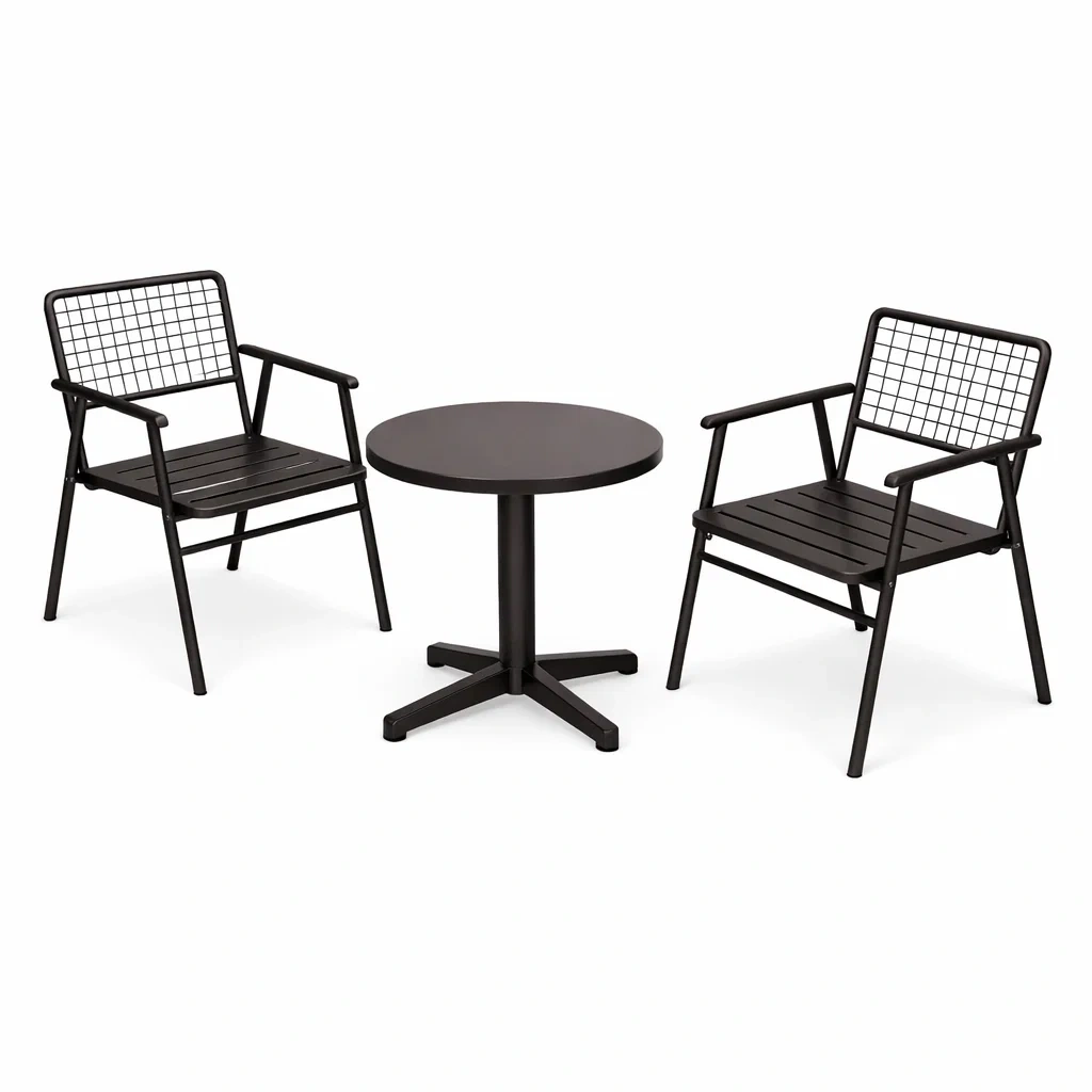 Kompakte Gartensitzgruppe Metall Gartenset mit Rundtisch und zwei Stühlen Schwarz-Furnific