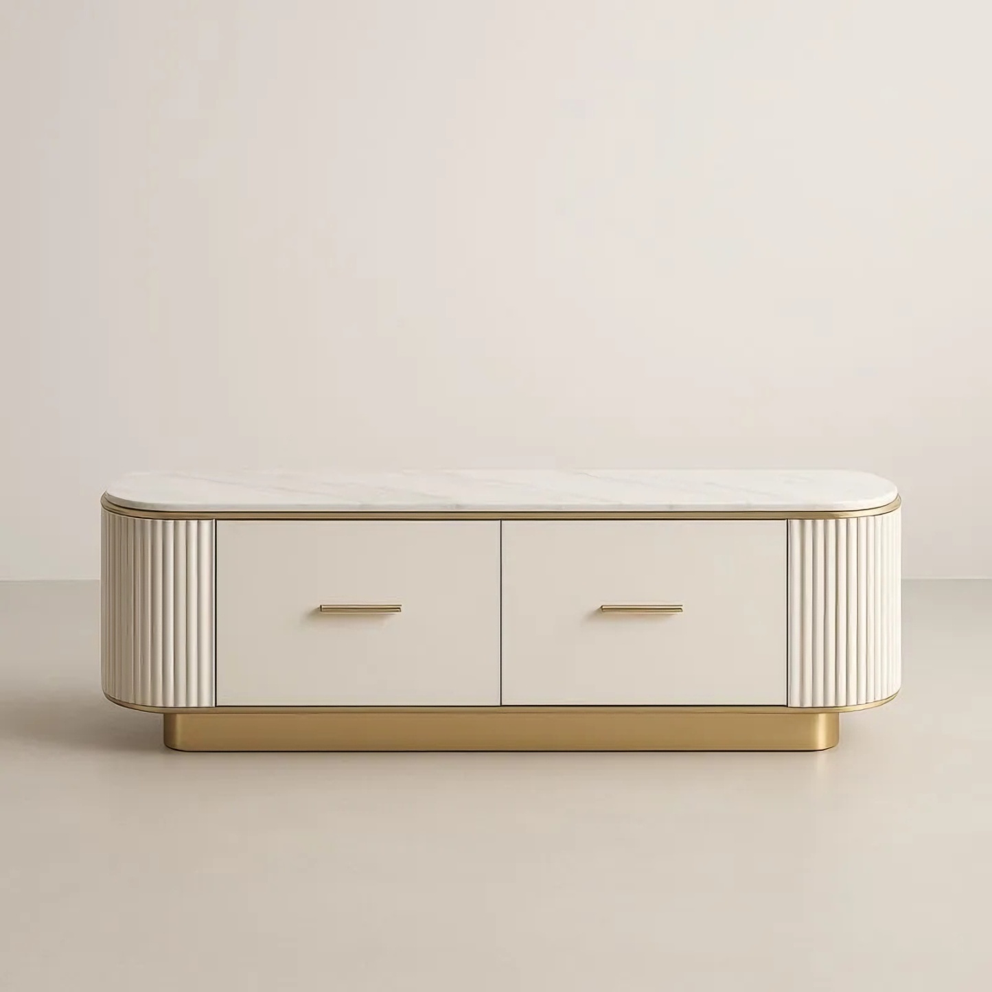 Buffet TV ovale blanc métal MDF 2 tiroirs 150x45x50 cm