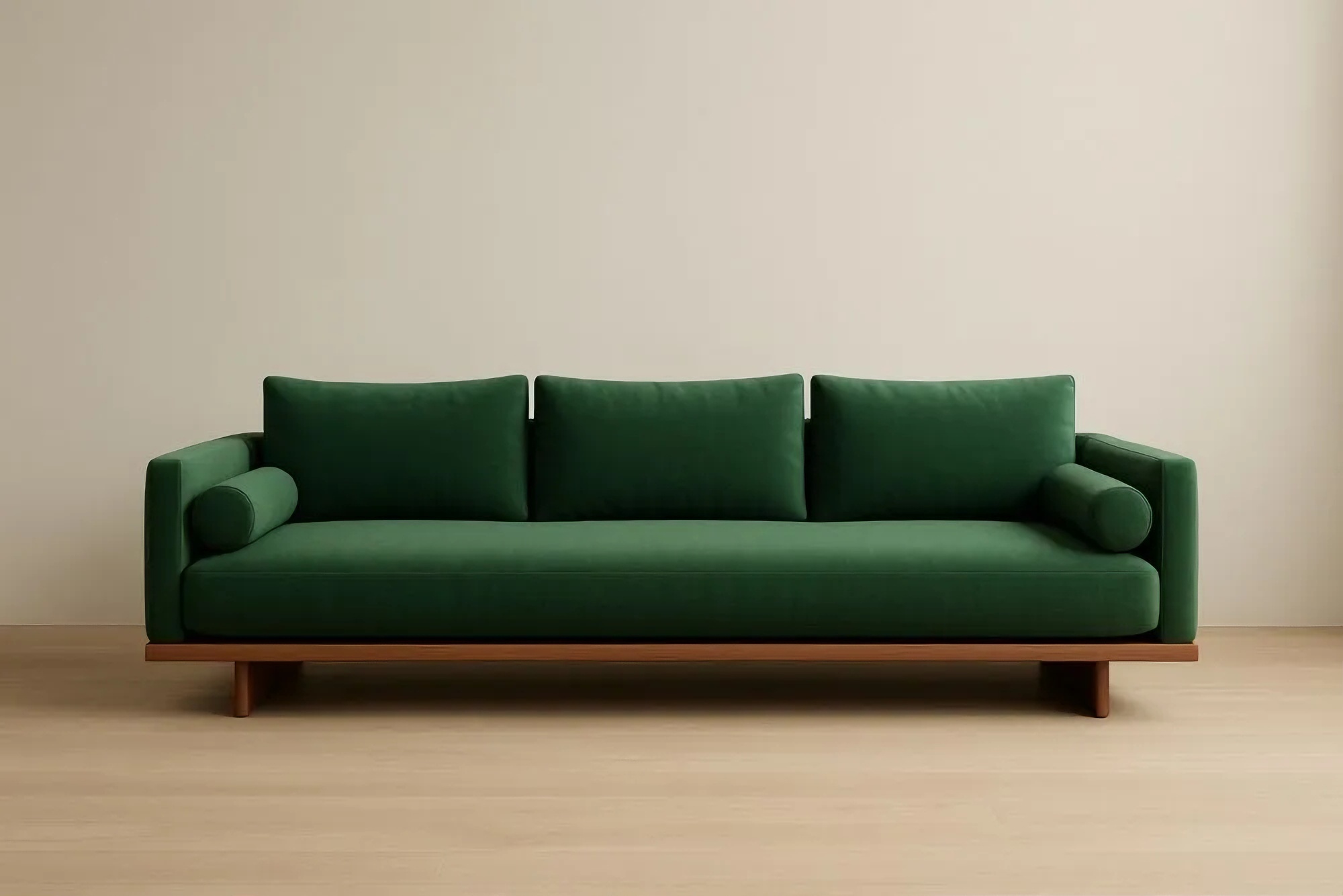 Canapé 3 places en tissu vert avec structure en bois