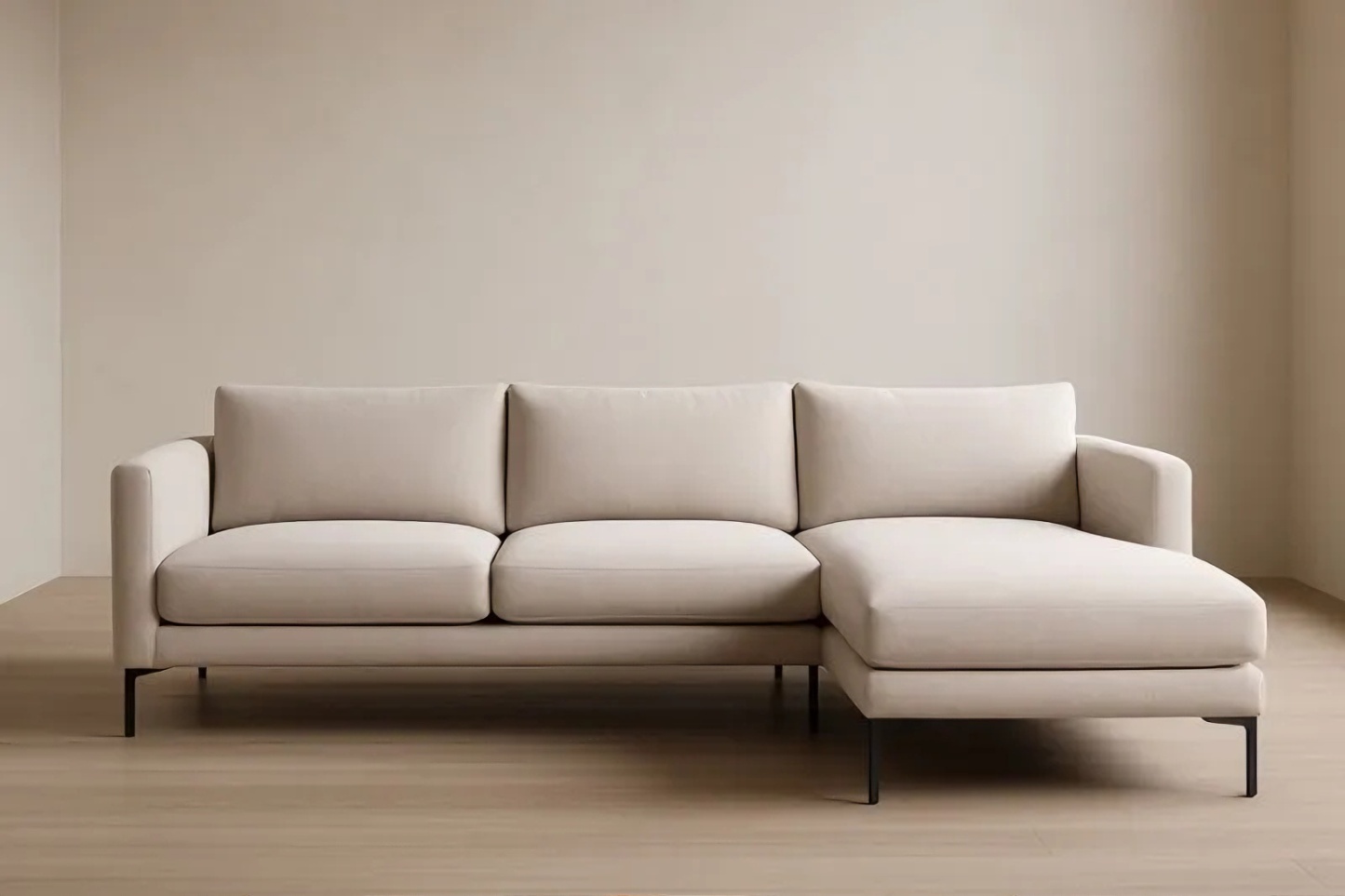 Canapé d'angle en tissu polyester beige avec pieds en métal