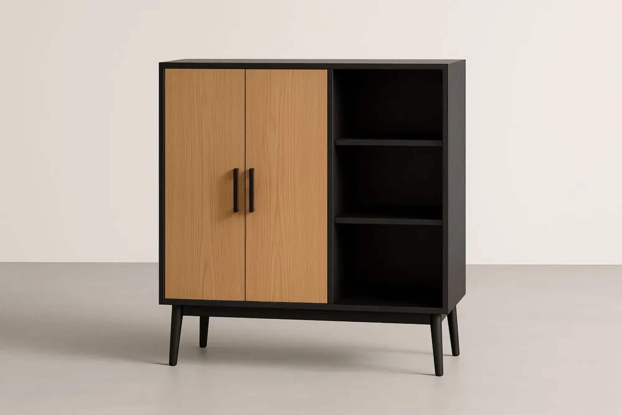 Armoire de rangement 2 portes en MDF noir et panneaux chêne clair – 90×40×110 cm