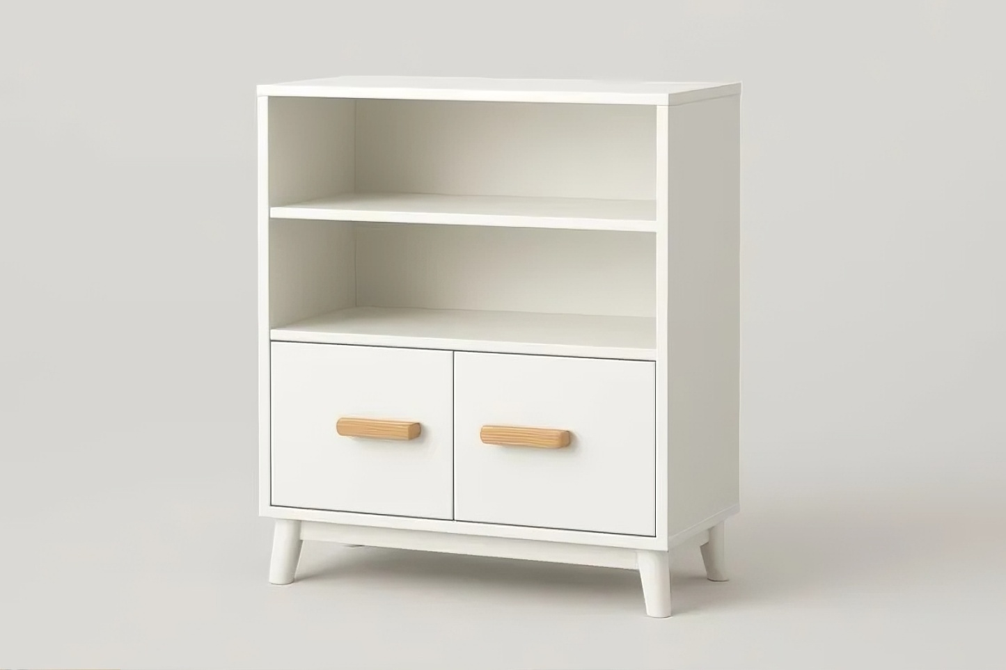 Meuble de rangement blanc en MDF avec poignées en hêtre 80 x 60 x 30 cm étagères ouvertes et compartiment fermé