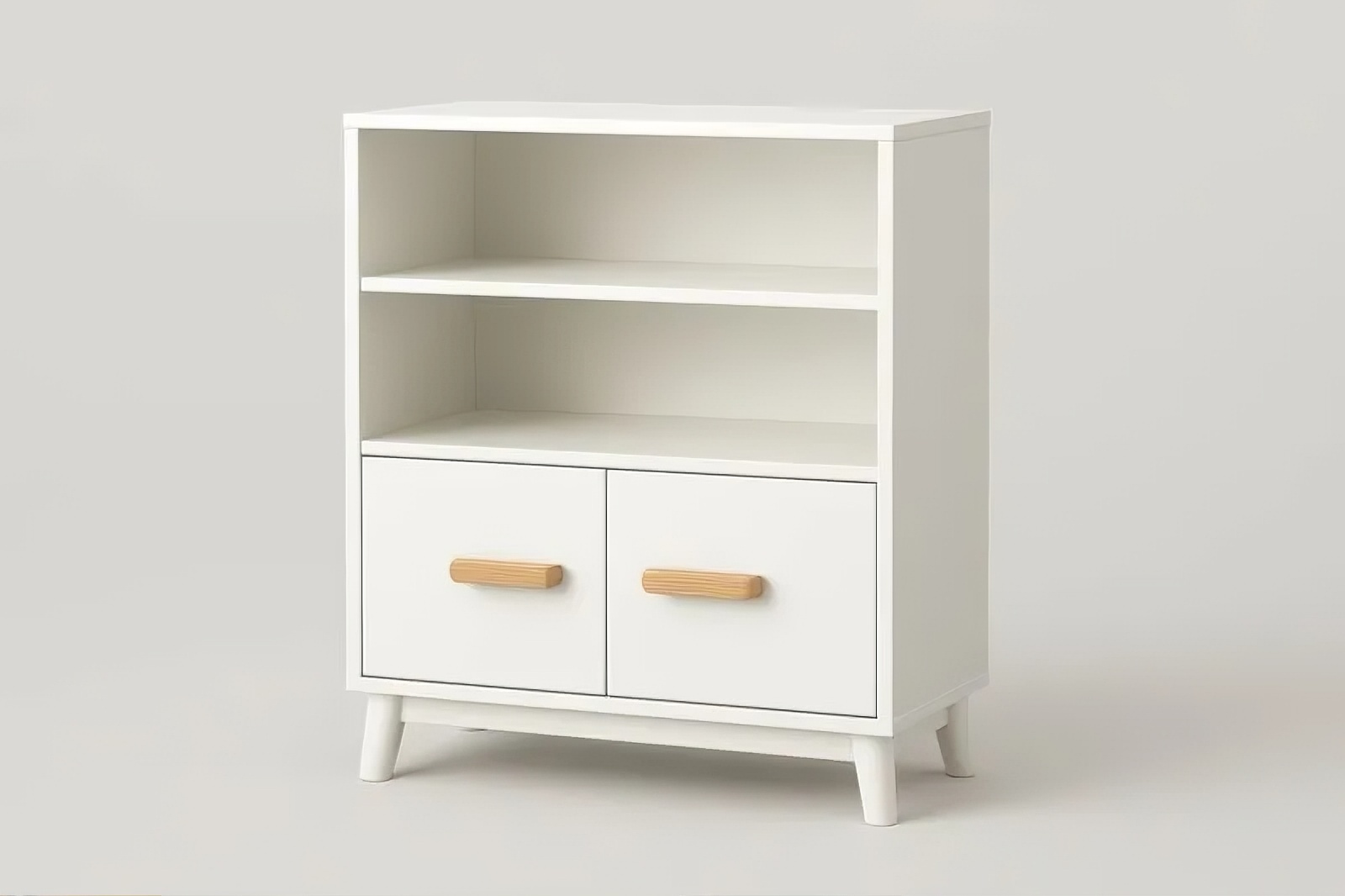 Meuble de rangement blanc en MDF avec poignées en hêtre 80 x 60 x 30 cm étagères ouvertes et compartiment fermé