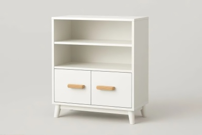 Meuble de rangement blanc en MDF avec poignées en hêtre 80 x 60 x 30 cm étagères ouvertes et compartiment fermé