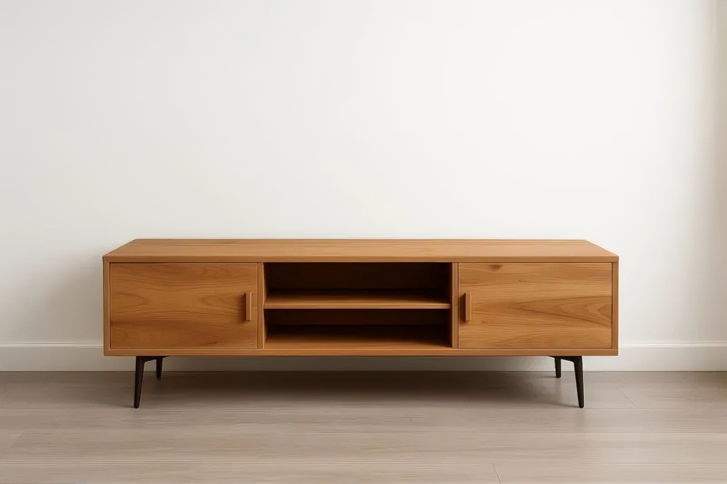 Meuble TV 120x40x45 cm en MDF plaqué chêne verni avec pieds en acier peint, 2 portes battantes et 2 étagères