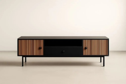 Meuble TV en Acier et Bois Noir/Naturel