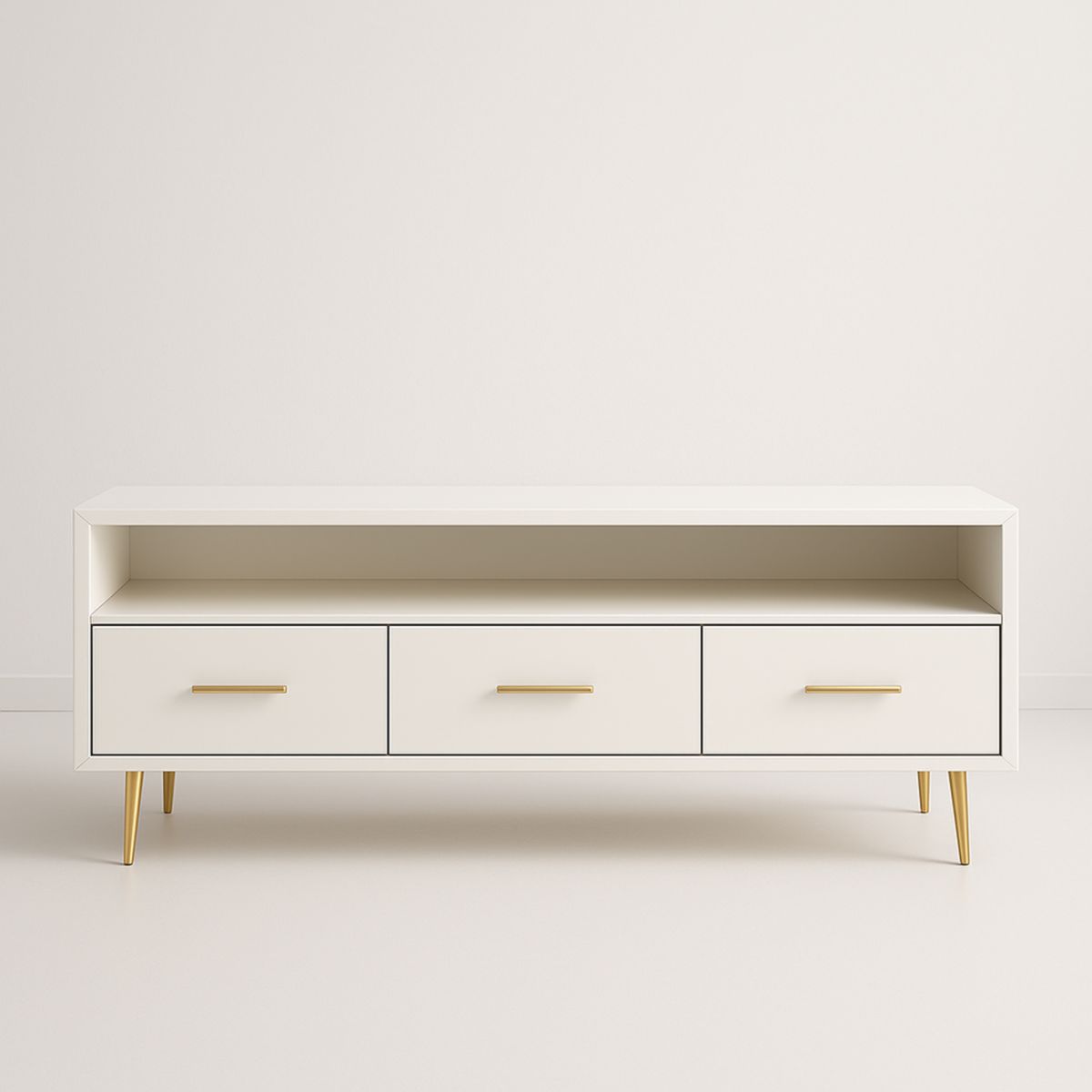 Meuble TV en bois avec tiroirs Blanc et pieds dorés