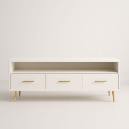 Meuble TV en bois avec tiroirs Blanc et pieds dorés