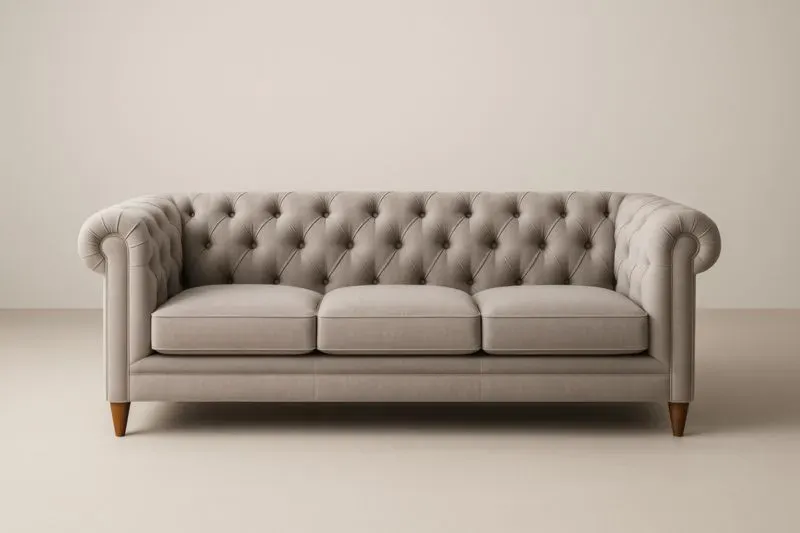 Canapé Chesterfield en tissu avec pieds en bois