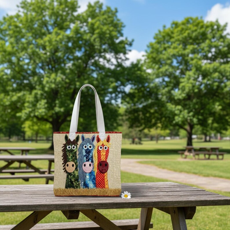 Yeehaw vibes Quilted Tote Bag, Funny Colorful Horse Bag, Farm Animal Tote, Cute Horse Trio Tote, Quilted Market Bag