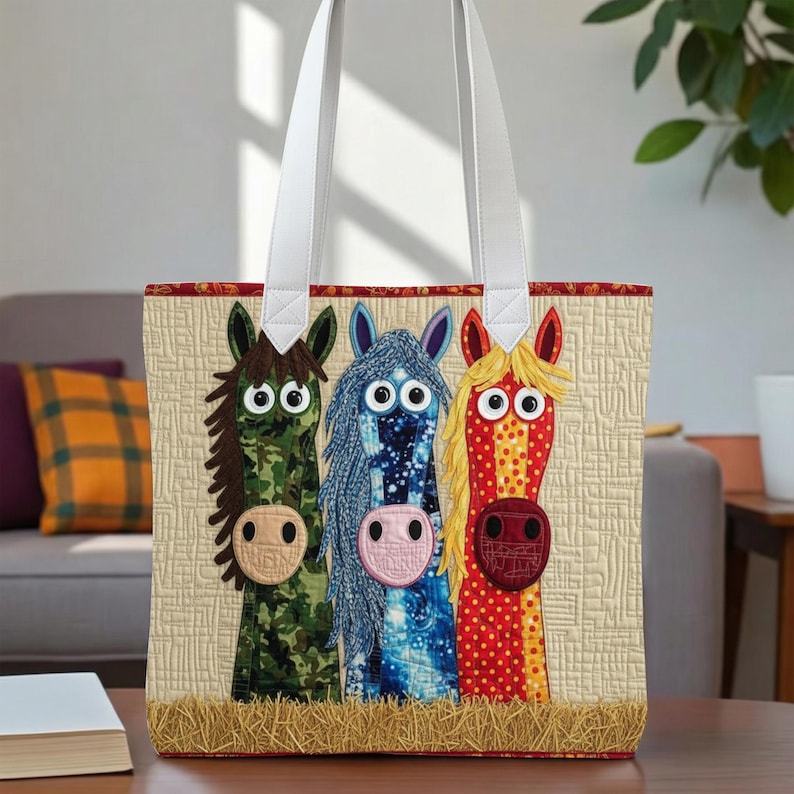 Yeehaw vibes Quilted Tote Bag, Funny Colorful Horse Bag, Farm Animal Tote, Cute Horse Trio Tote, Quilted Market Bag