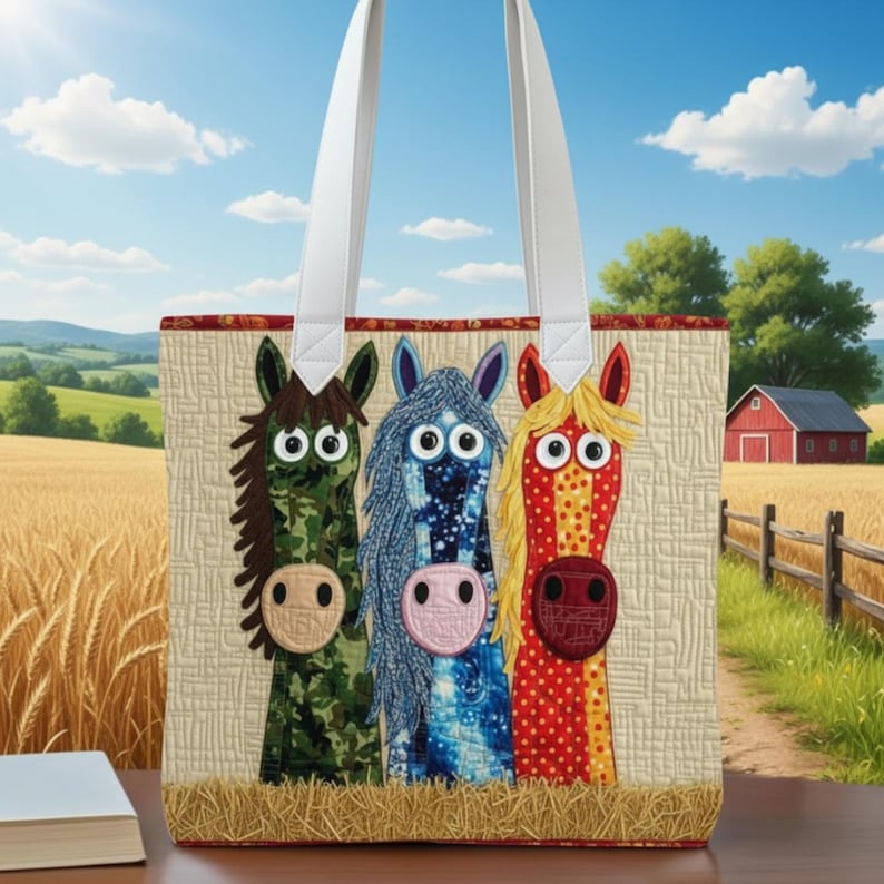 Yeehaw vibes Quilted Tote Bag, Funny Colorful Horse Bag, Farm Animal Tote, Cute Horse Trio Tote, Quilted Market Bag