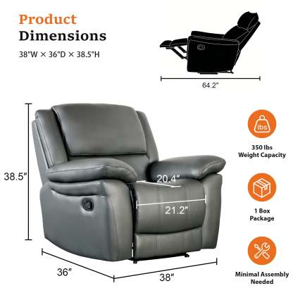 Transitional Leather Match Recliner Chair with Sculpted Padded Arms & Welt Trim