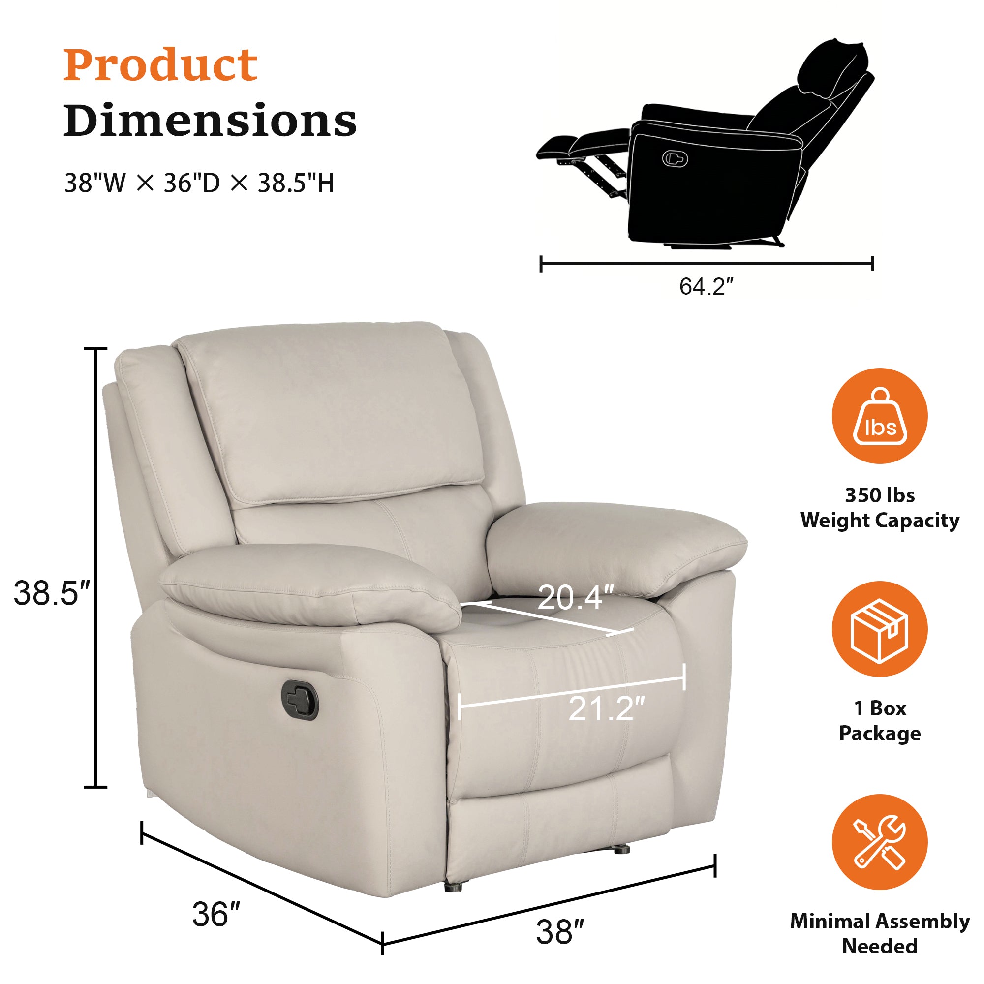 Transitional Leather Match Recliner Chair with Sculpted Padded Arms & Welt Trim