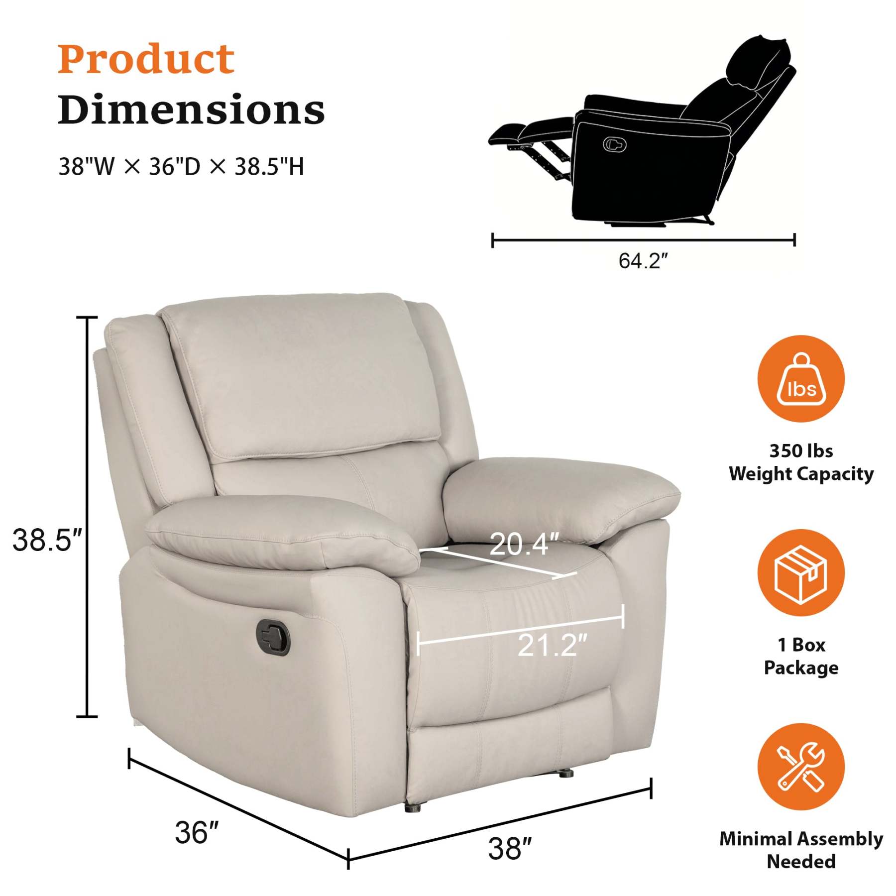 Transitional Leather Match Recliner Chair with Sculpted Padded Arms & Welt Trim