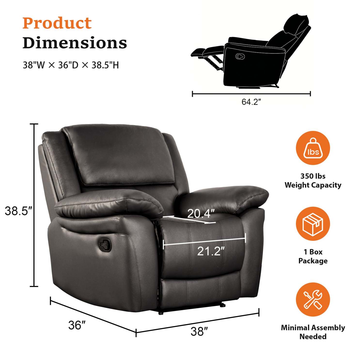 Transitional Leather Match Recliner Chair with Sculpted Padded Arms & Welt Trim