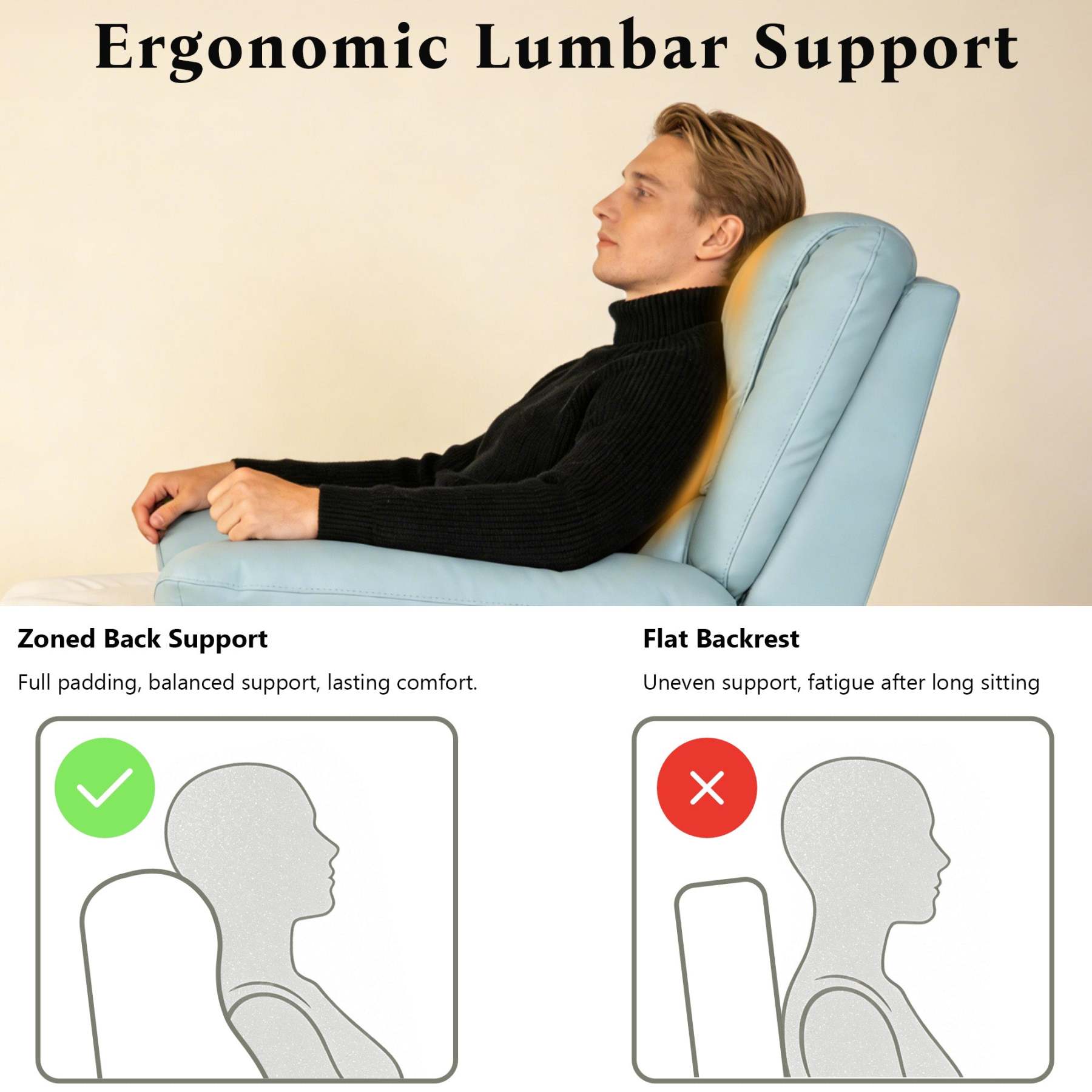 Transitional Leather Match Recliner Chair with Sculpted Padded Arms & Welt Trim