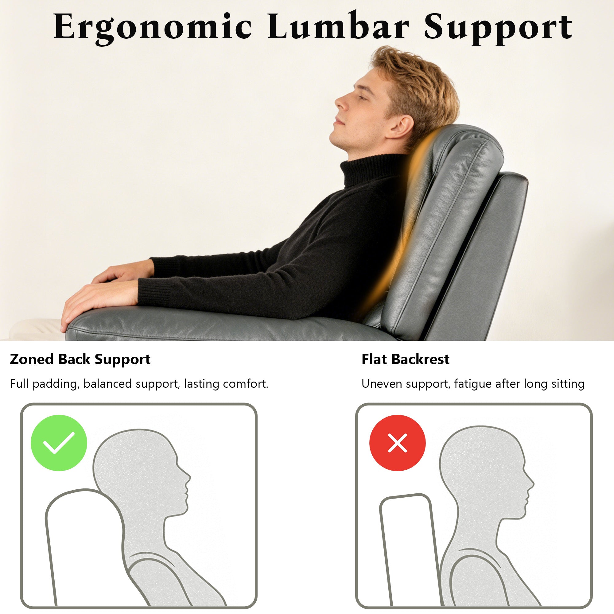 Transitional Leather Match Recliner Chair with Sculpted Padded Arms & Welt Trim