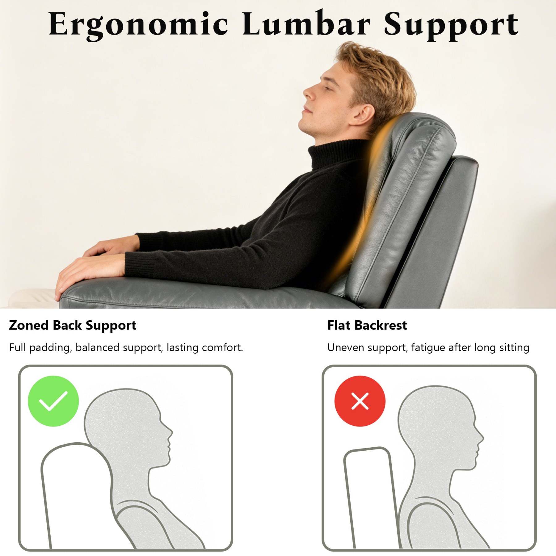 Transitional Leather Match Recliner Chair with Sculpted Padded Arms & Welt Trim