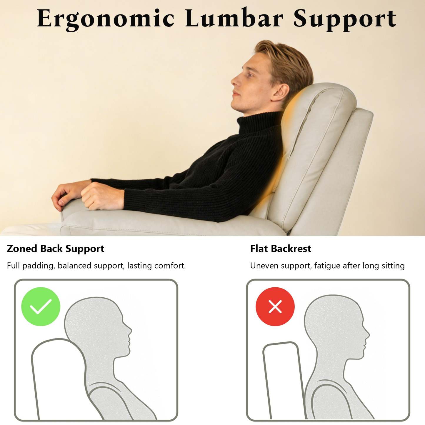 Transitional Leather Match Recliner Chair with Sculpted Padded Arms & Welt Trim