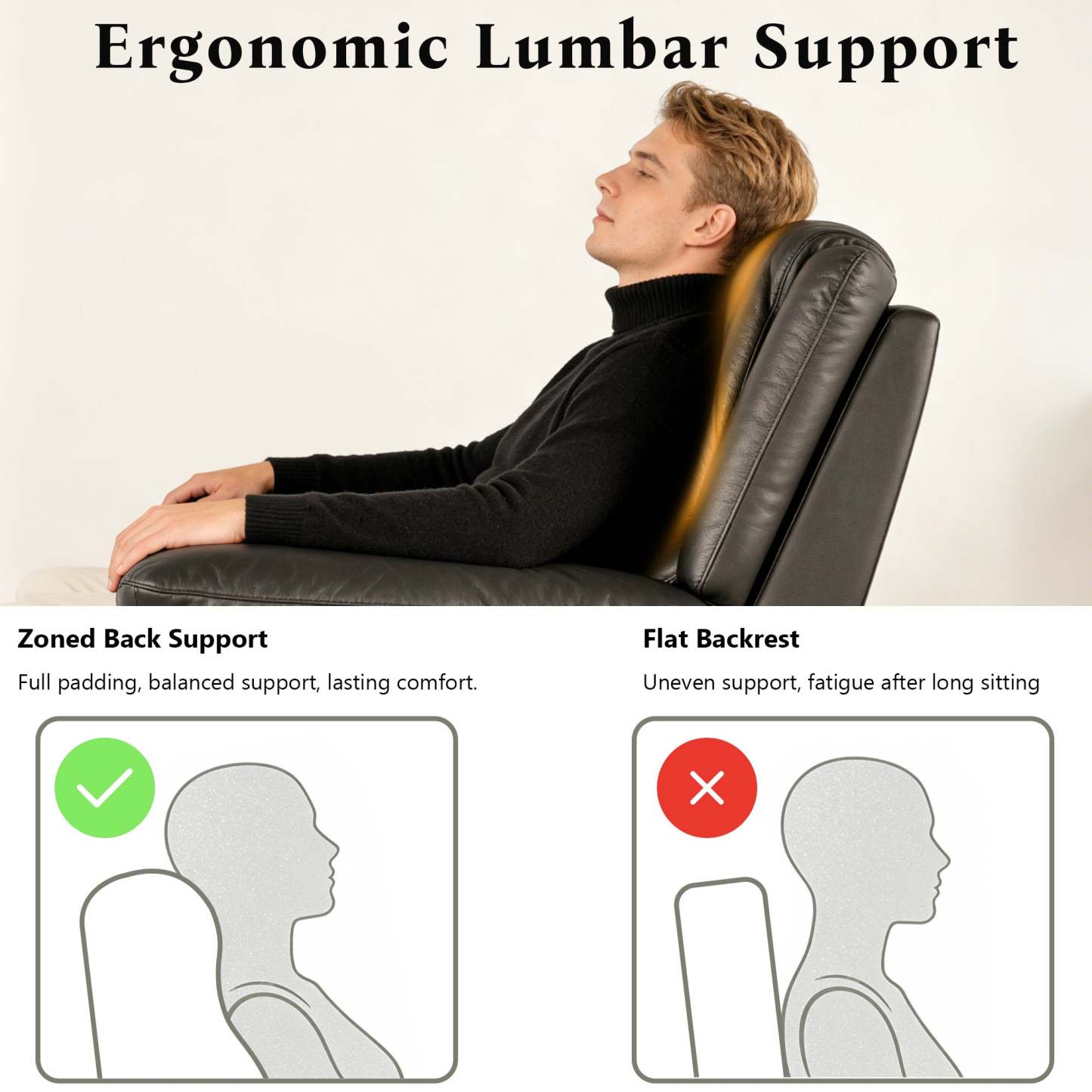 Transitional Leather Match Recliner Chair with Sculpted Padded Arms & Welt Trim