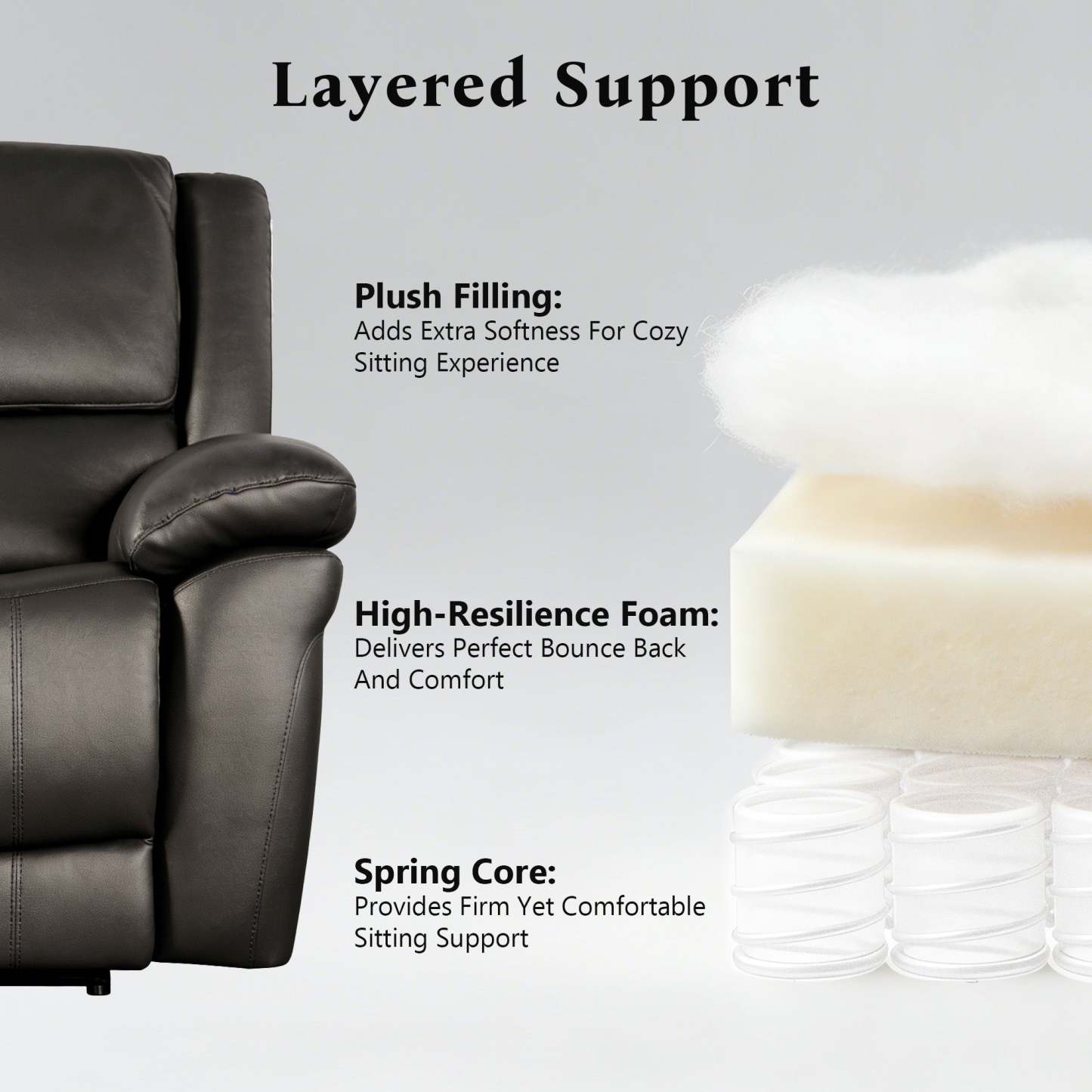 Transitional Leather Match Recliner Chair with Sculpted Padded Arms & Welt Trim