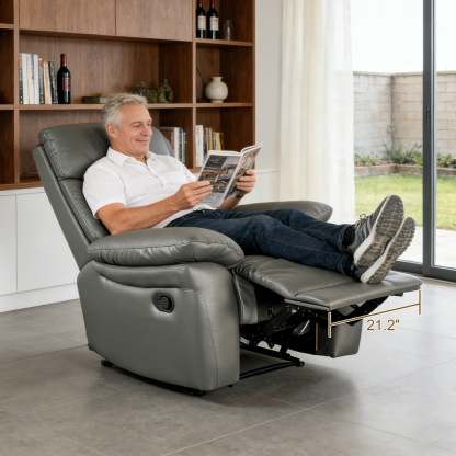 Transitional Leather Match Recliner Chair with Sculpted Padded Arms & Welt Trim