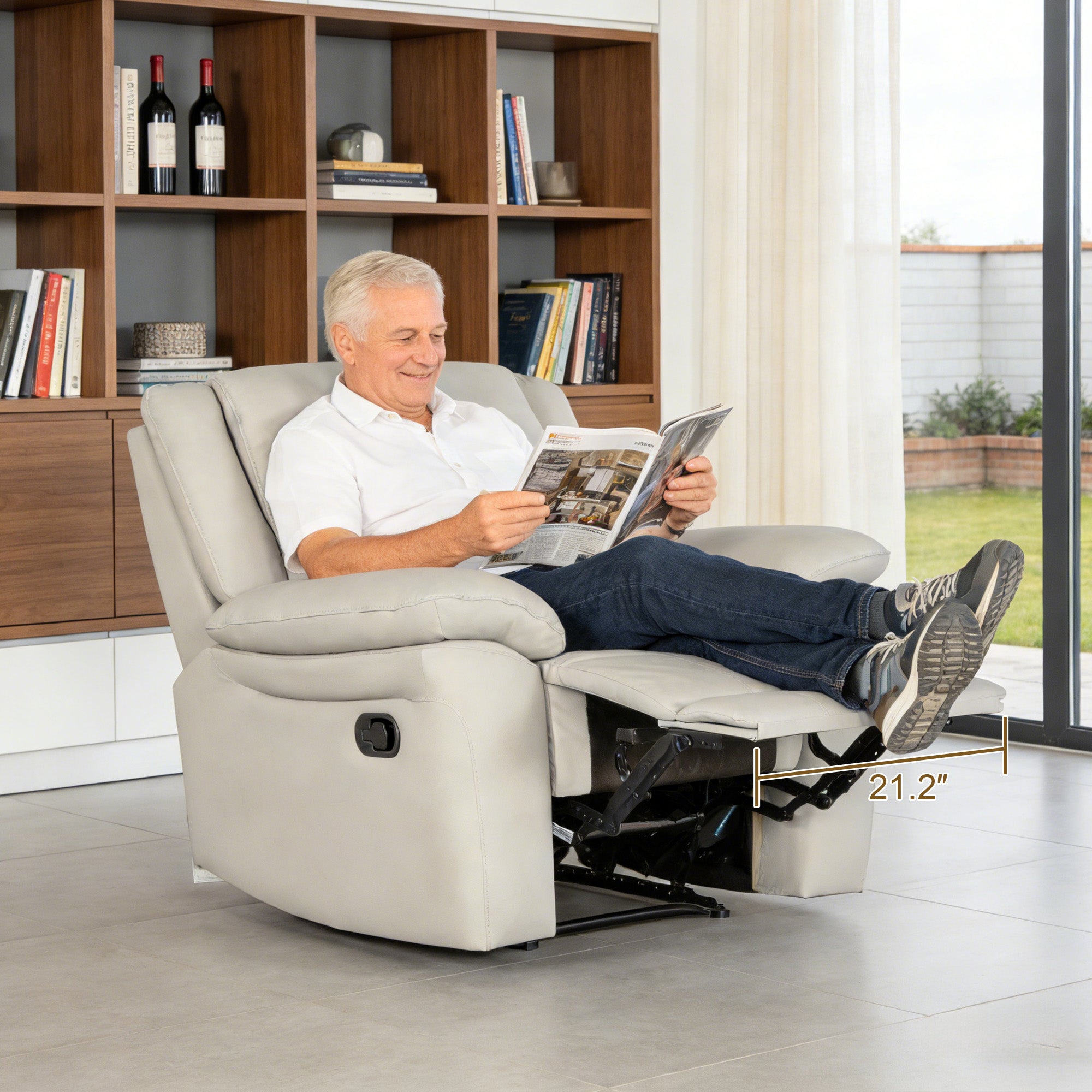Transitional Leather Match Recliner Chair with Sculpted Padded Arms & Welt Trim