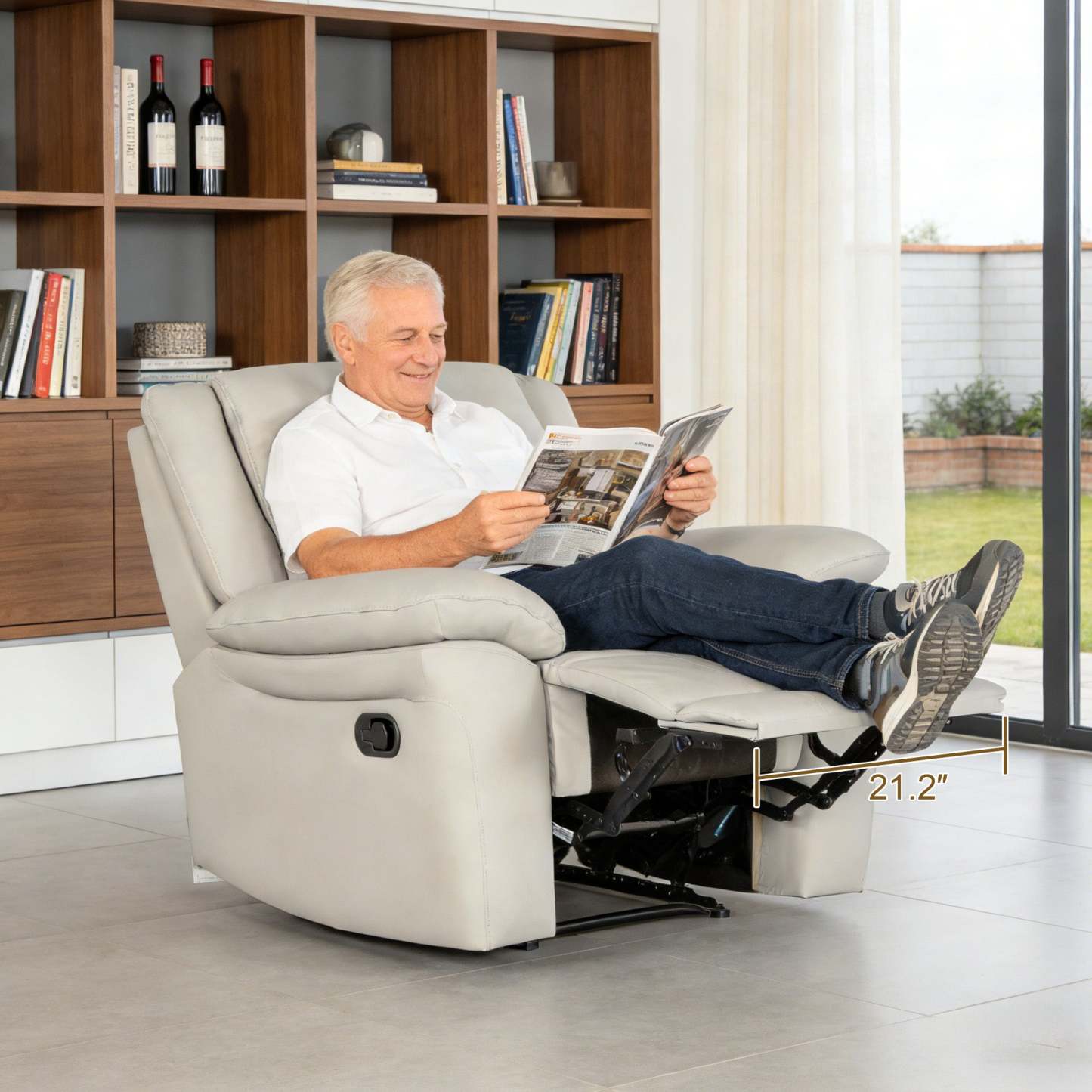 Transitional Leather Match Recliner Chair with Sculpted Padded Arms & Welt Trim