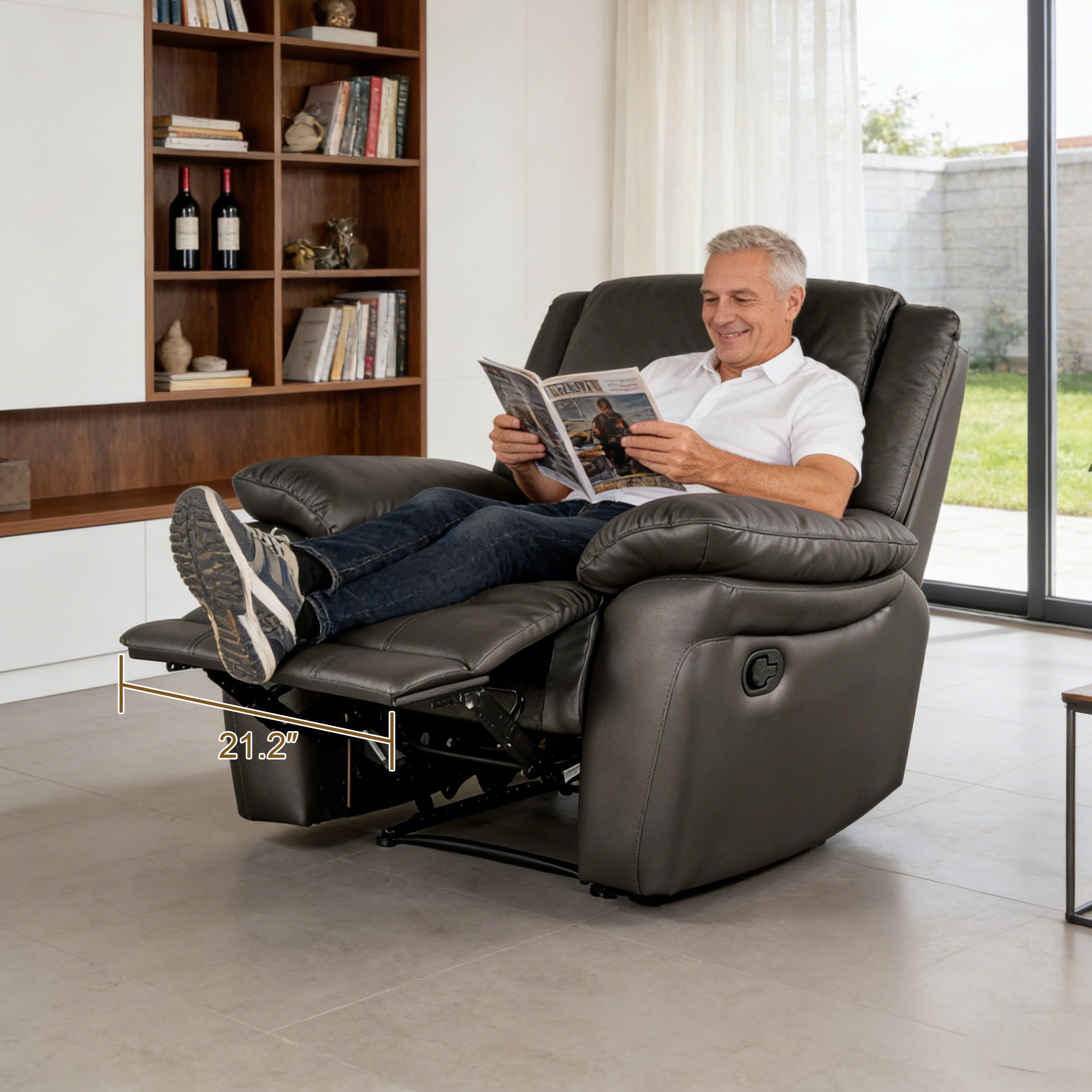Transitional Leather Match Recliner Chair with Sculpted Padded Arms & Welt Trim