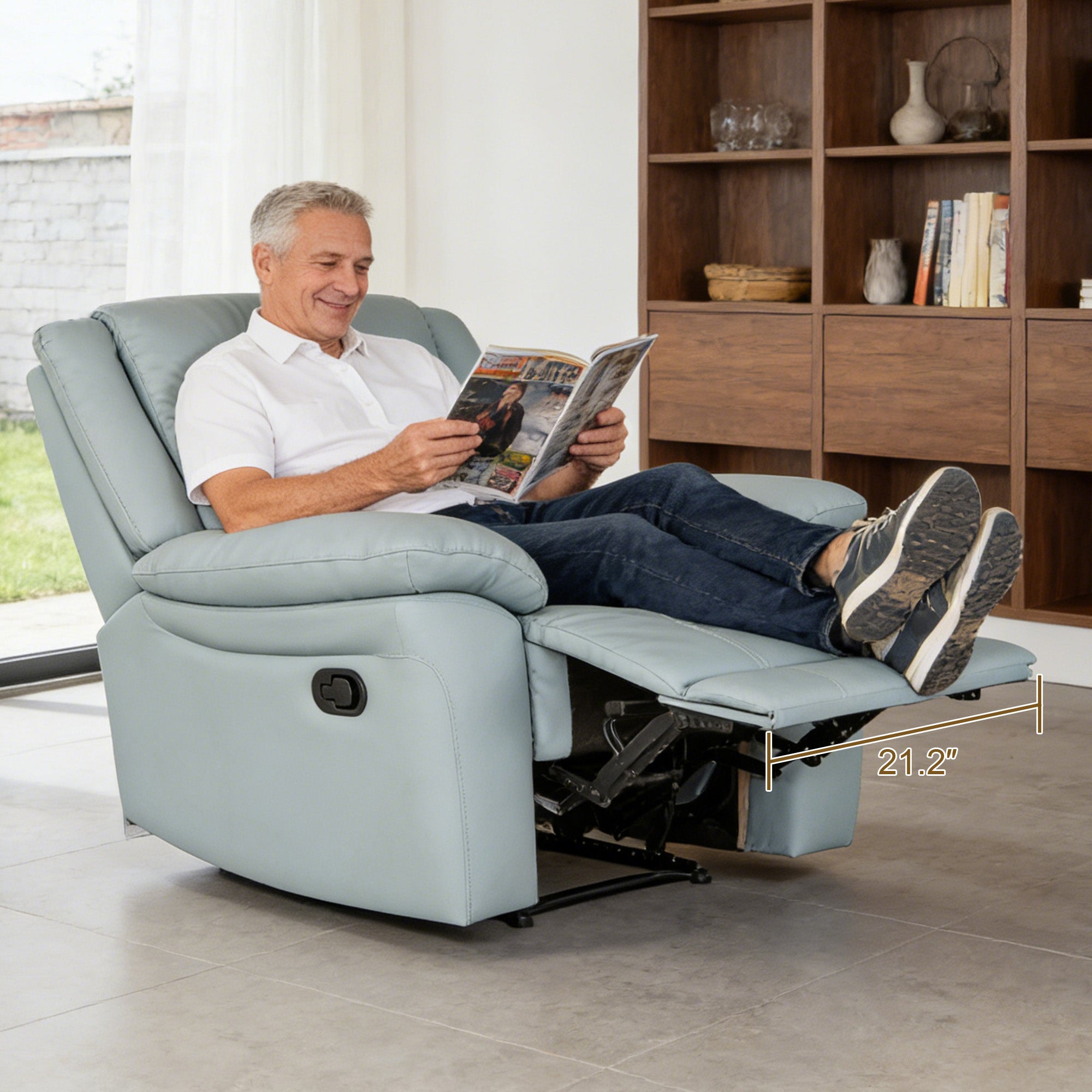 Transitional Leather Match Recliner Chair with Sculpted Padded Arms & Welt Trim