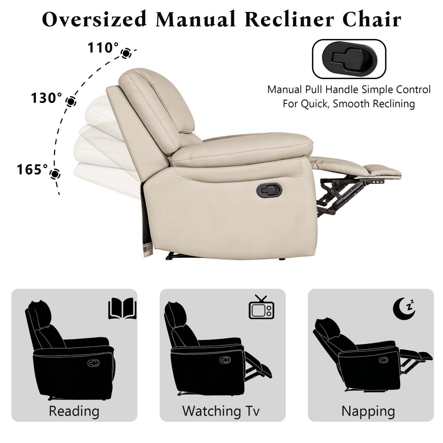 Transitional Leather Match Recliner Chair with Sculpted Padded Arms & Welt Trim