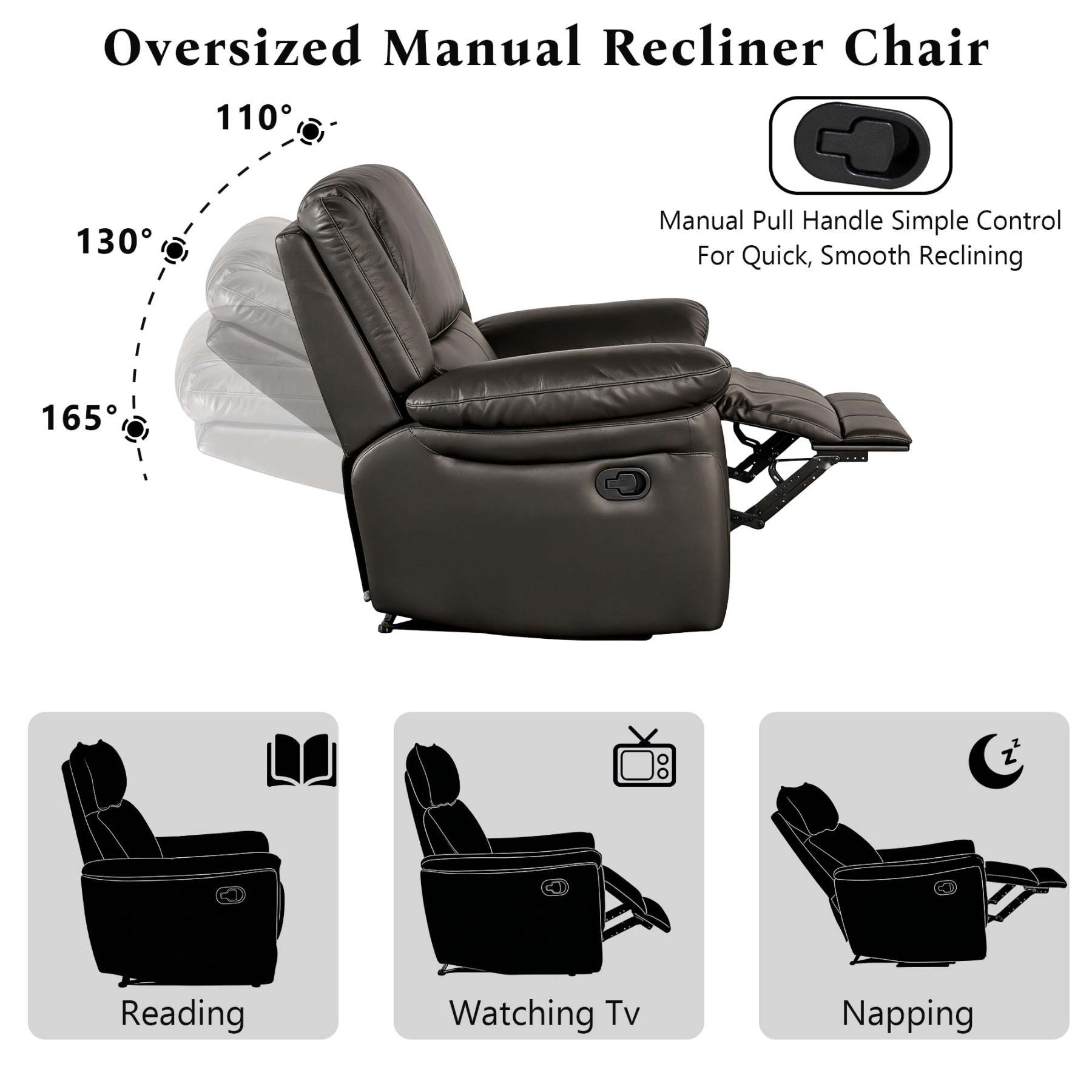 Transitional Leather Match Recliner Chair with Sculpted Padded Arms & Welt Trim