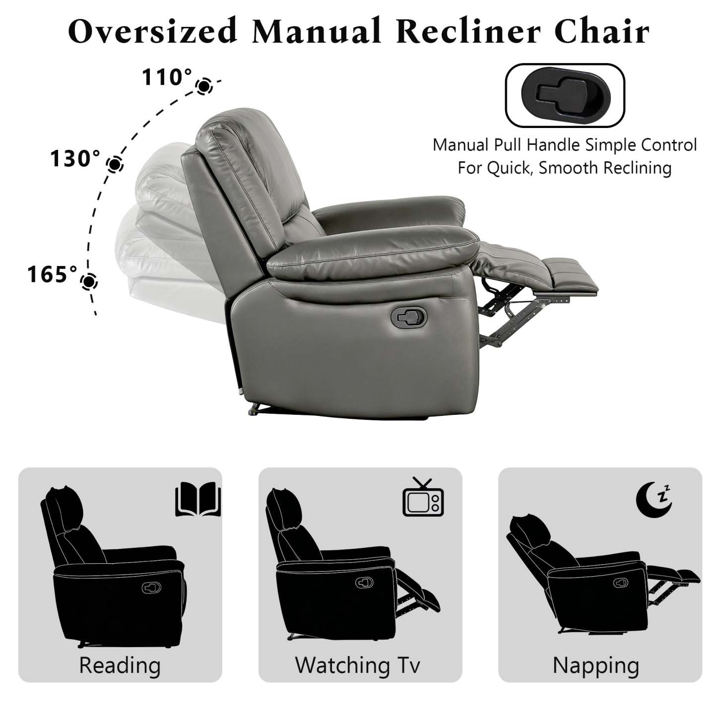 Transitional Leather Match Recliner Chair with Sculpted Padded Arms & Welt Trim