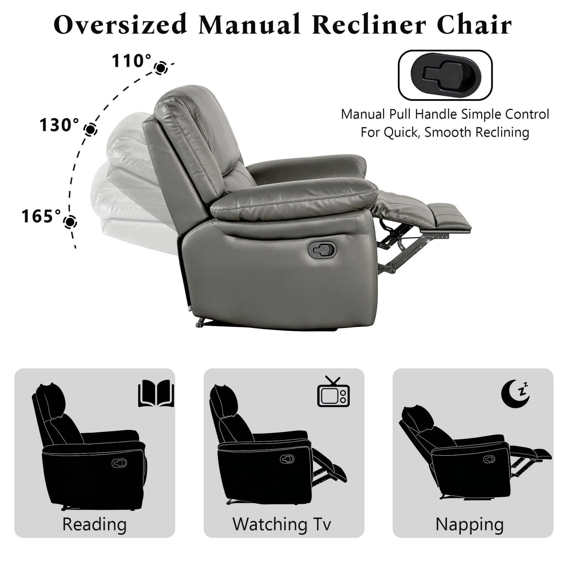 Transitional Leather Match Recliner Chair with Sculpted Padded Arms & Welt Trim