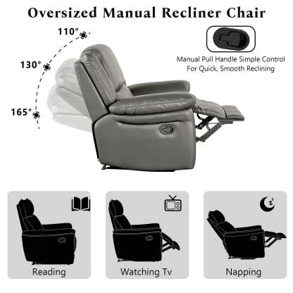 Transitional Leather Match Recliner Chair with Sculpted Padded Arms & Welt Trim