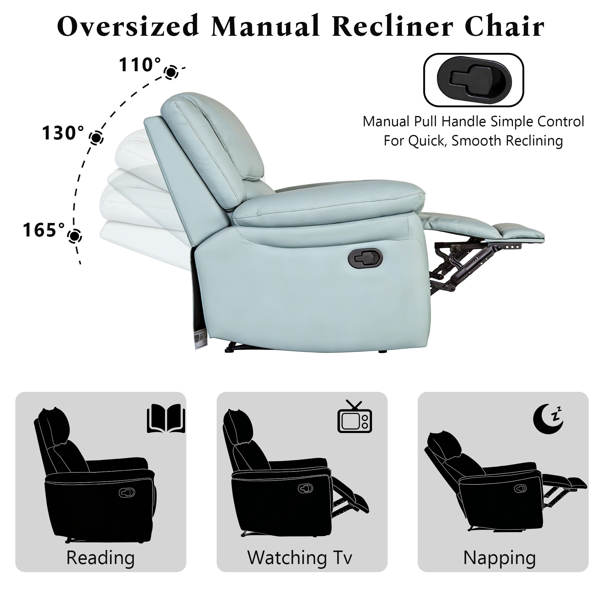 Transitional Leather Match Recliner Chair with Sculpted Padded Arms & Welt Trim