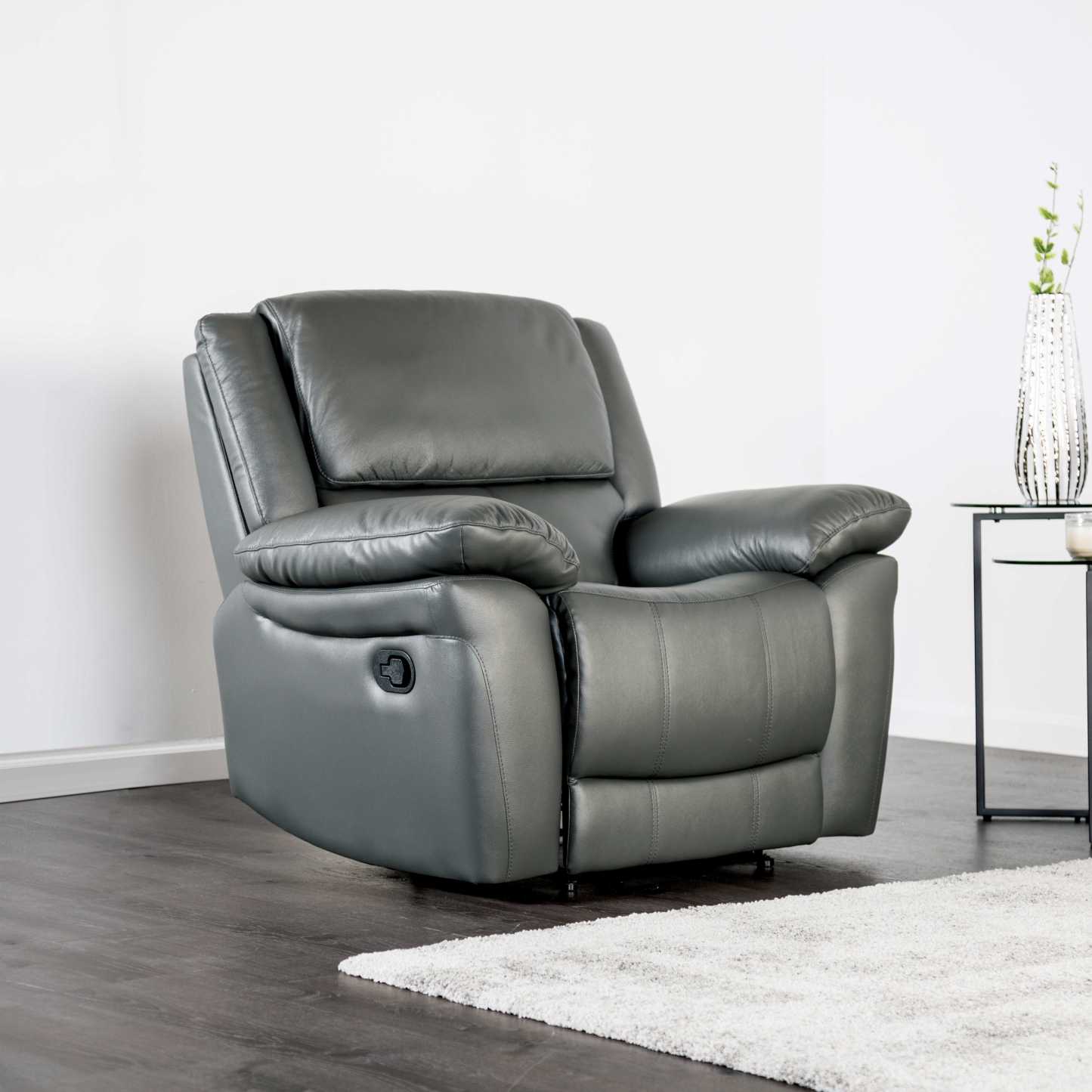 Transitional Leather Match Recliner Chair with Sculpted Padded Arms & Welt Trim