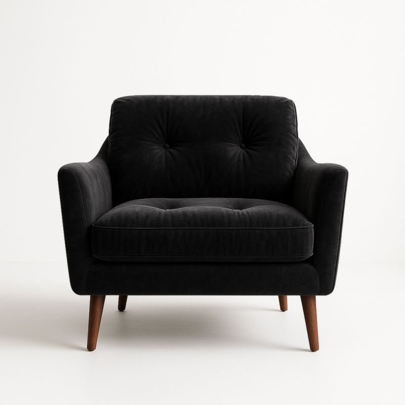 Fauteuil en Velours Noir avec Pieds en Bois