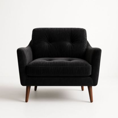 Fauteuil en Velours Noir avec Pieds en Bois