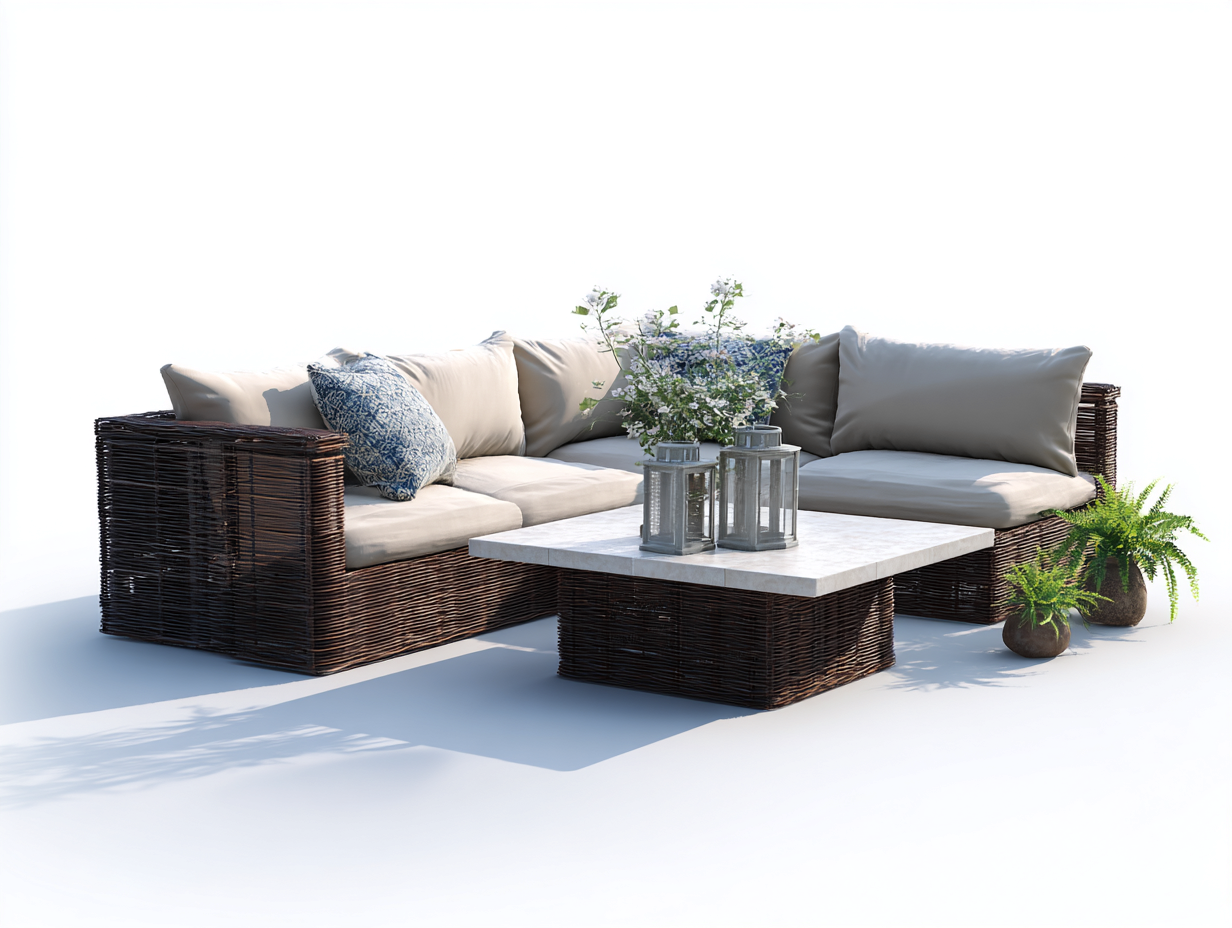 Set divano angolare e tavolino in rattan - divano 210x80x78cm - marrone scuro/beige - per giardino - stile naturale