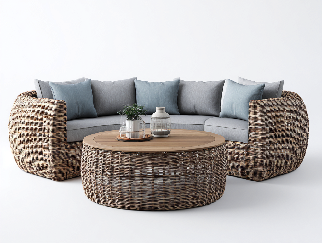 Set divano da giardino in rattan con tavolino - divano 260x85x78cm - naturale/grigio - per esterno - design avvolgente