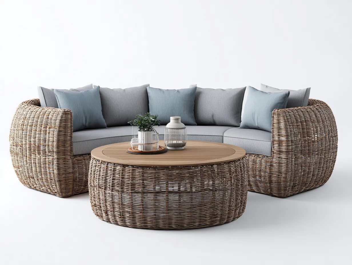Set divano da giardino in rattan con tavolino - divano 260x85x78cm - naturale/grigio - per esterno - design avvolgente