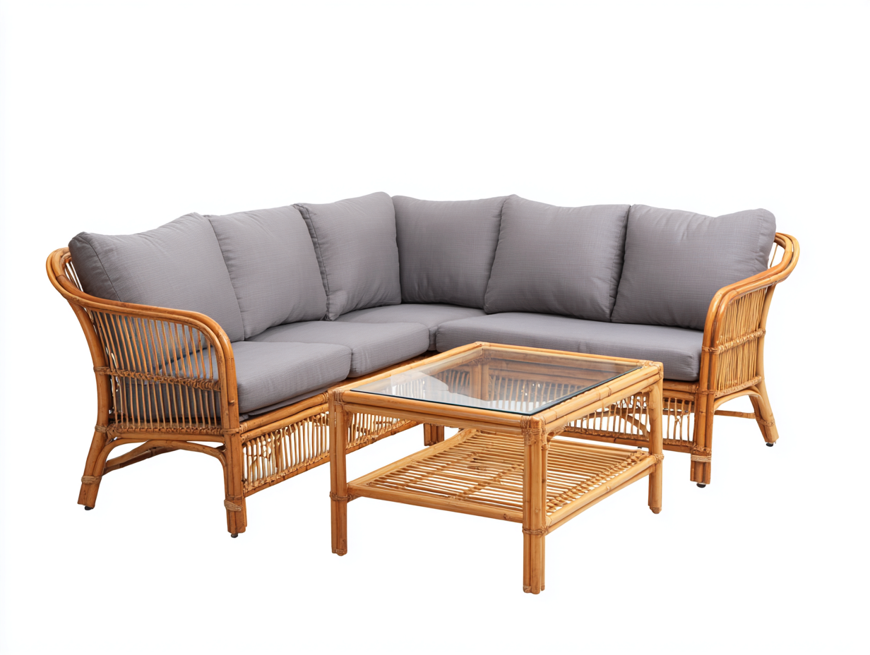 Set divano angolare in rattan con tavolino - divano 230x85x78cm - naturale/grigio - per esterno - stile naturale