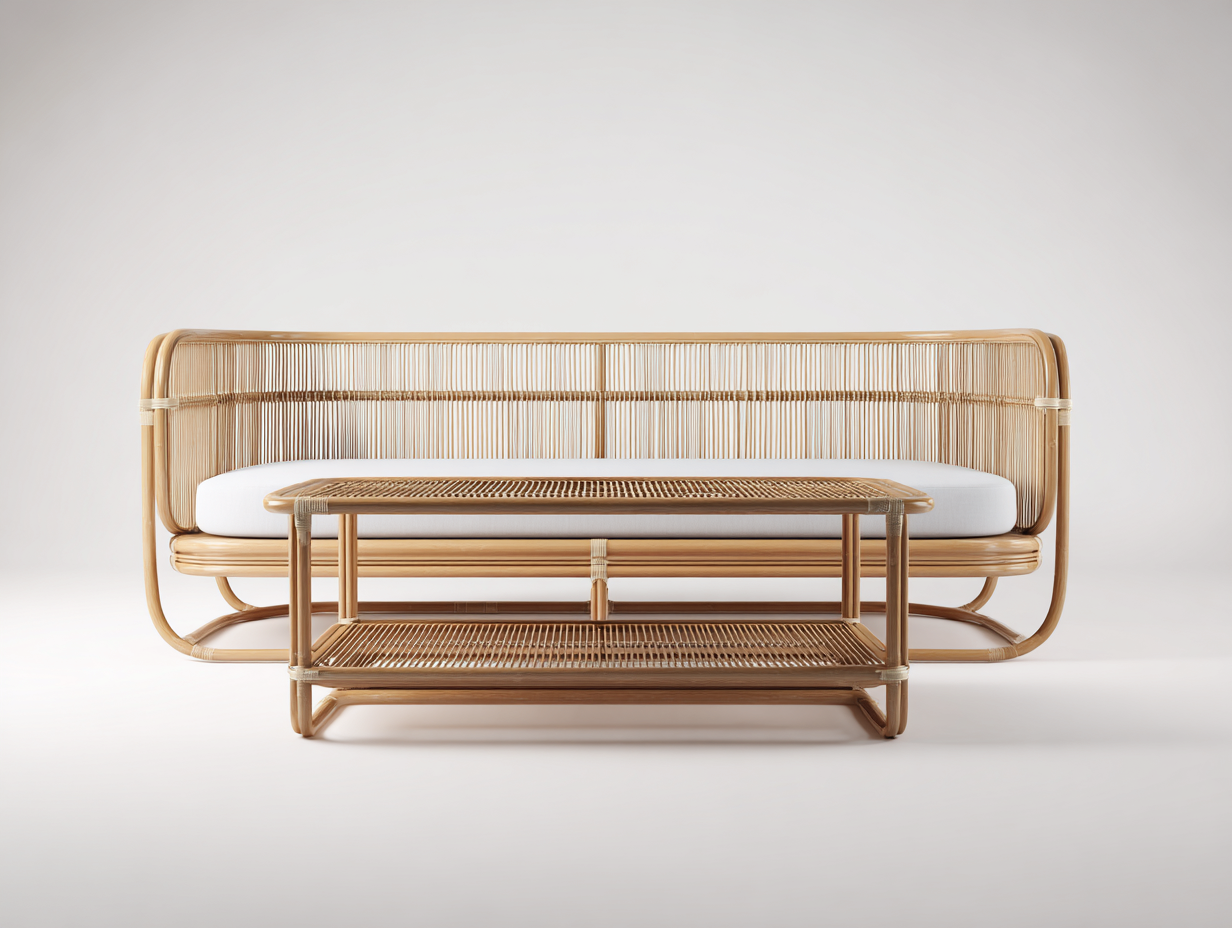 Set divano e tavolino in rattan - divano 190x75x78cm - naturale/bianco - per soggiorno - stile naturale