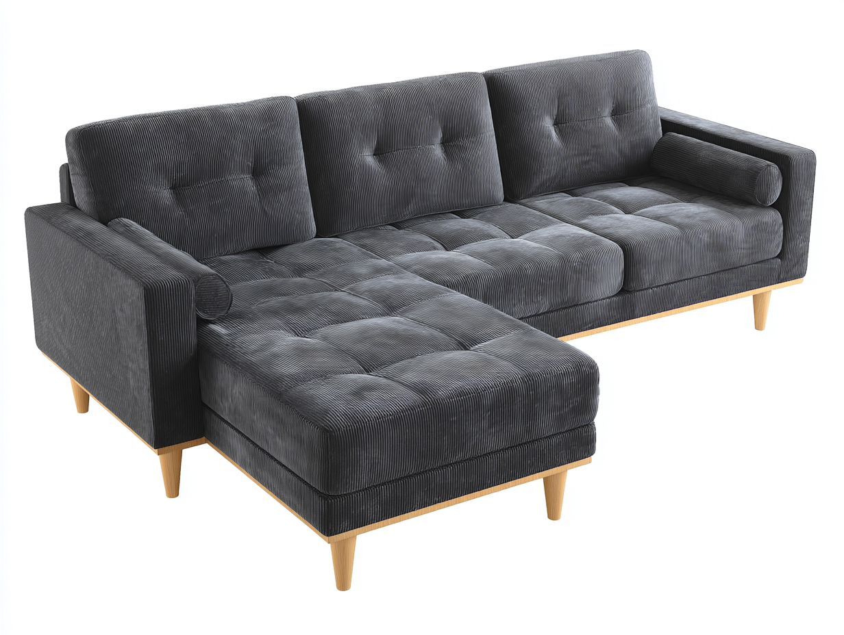 Divano angolare in tessuto 235x150x82 cm - grigio scuro - per soggiorno - seduta ampia con chaise longue